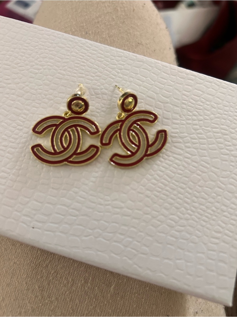 Gold-Tone Red Interlocking Drop Post Earrings, NWOT